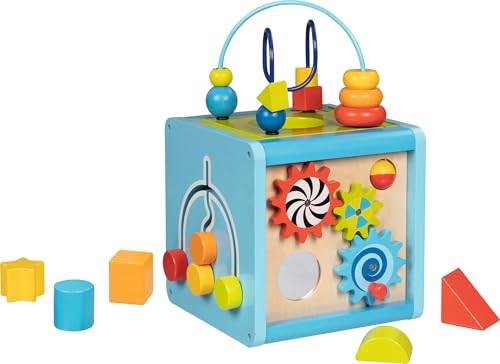 goki 58735 - Activity- und Motorikwürfel aus Holz und Metall, Lernspielzeug für Kleinkinder, Fördert Feinmotorik und Sinneswahrnehmung, bunter Spielwürfel, 21cm x 21cm x 32cm, ab 1 Jahr von goki