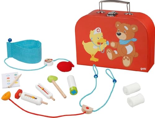 goki 51009 Arztkoffer, 25 x 8,5 x 23 cm, 10-teilig, Holz/Stoff, Spielkoffer ab 3 Jahren, Rollenspiel für Kinder von goki