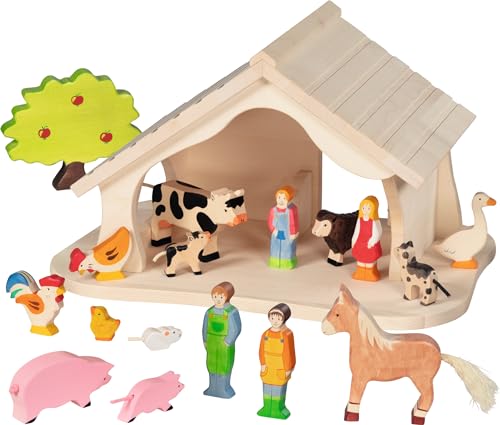 HOLZTIGER 80612 - Puppenhaus/Bauernhof mit Weihnachtsstern aus Holz - ideal als Weihnachtskrippe - made in EU von goki