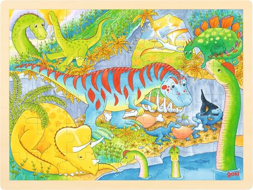 goki 57724 Einlegepuzzle Dinosaurier aus Holz, Holzpuzzle mit vielen Dino´s, Lernspielzeug und Kinderpuzzle, fördert Fantasie und Motorik der Kinder, 40cm x 30cm, 48er Set, ab 3 Jahre, bunt von goki