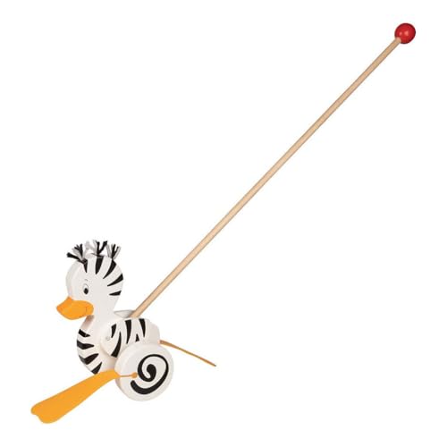goki 54959 Schiebetier Zebra-Ente, 16 x 12 x 59 cm, Holz, Lauflernspielzeug mit watschelnden Gummifüßen, ab 1 Jahr von goki