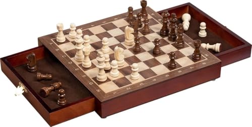goki Magnetisches Schachspiel mit Schubladen - Tragbares Holzspielzeug für Kinder ab 7 Jahren, magnetische Figuren für mehr Standfestigkeit und praktische Aufbewahrung von goki