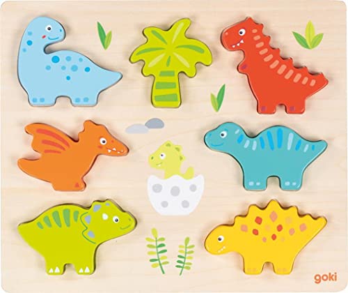 goki 57360 - Einlegepuzzle Dinosaurier aus Holz für Kinder ab 2 Jahren von goki