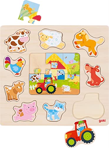 goki 57371 - Einlegepuzzle aus Holz mit Bauernhoftiere - 15 Teile von goki