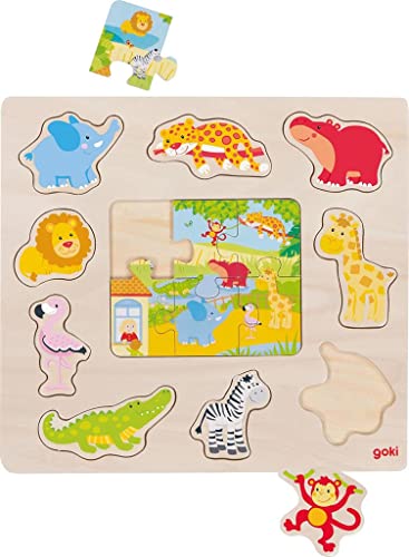 goki 57374 - Einlegepuzzle Zootiere aus Holz - 15 Teile von goki