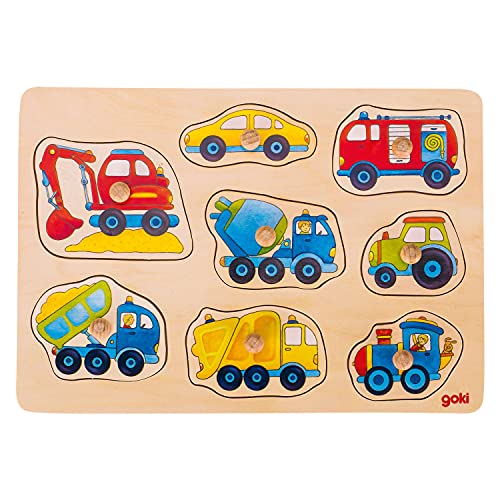 Goki 57726 Steckpuzzle Fahrzeuge Aquarell aus Holz 8-teilig, Mehrfarbig von goki