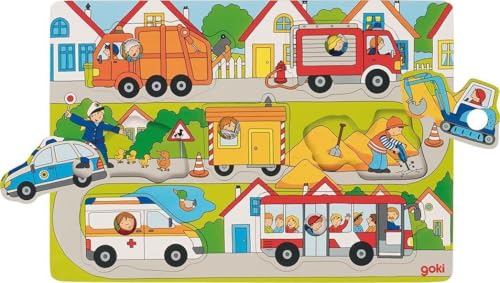 goki 57474 - Hintergrundpuzzle Auf der Straße aus Holz, Polizei, Feuerwehr, Müllwagen, Bus, Holzpuzzle mit großen Knöpfen für kleine Hände, 30cm x21cm, Förderung der Motorik, 7er Set, ab 1 Jahr goki 57474 - Hintergrundpuzzle Auf der Straße aus Holz, Polizei, Feuerwehr, Müllwagen, Bus, Holzpuzzle mit großen Knöpfen für kleine Hände, 30cm x21cm, Förderung der Motorik, 7er Set, ab 1 Jahr von goki