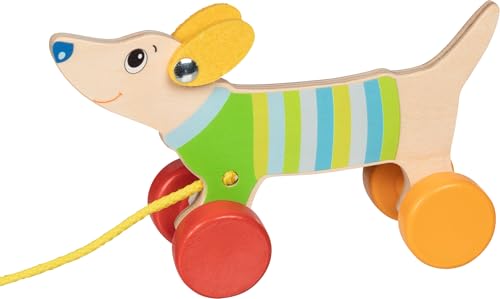 goki 54878 Ziehtier Hund aus Holz, Nachzieh-Spielzeug mit Dackelmotiv, Lernspielzeug inklusive Schnur, Babyspielzeug fördert Koordination und Motorik, 16cm x 6cm x 10cm, ab 1 Jahr von goki