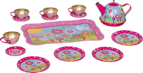 goki 51441 – Teeservice aus Blech für Kinder – 14-teiliges Spielgeschirr mit Tablett, Teekanne, Tassen und Untertassen im farbenfrohen Design von goki