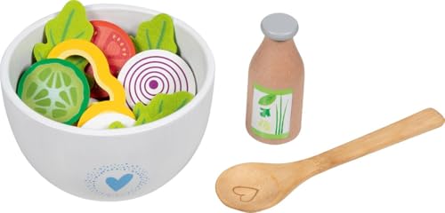 goki 51446 – Salat-Set Frische Vielfalt – 24-teiliges Spielset mit Schüssel, Dressing, Löffel, Gemüse und Käse aus Holz und Filz für die Kinderküche von goki
