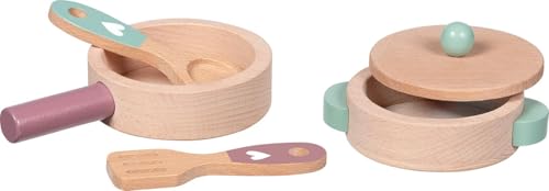 goki 51459 – Kochset Küchenliebe – 5-teiliges Spielküchen-Set aus Holz mit Pfanne, Topf mit Deckel, Kochlöffel und Pfannenwender von goki