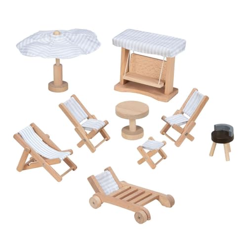 goki 51475 – Puppenmöbel Garten – 9-teiliges Set mit Schaukel, Grill und Sonnenschirm aus Holz für Puppenhäuser von goki