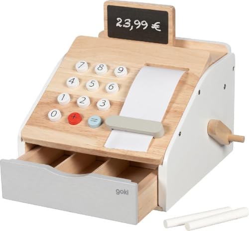 goki 51481 - Kaufmannsladenkasse mit Geräusch beim Öffnen - Display kann individuell mit Kreide beschriftet Werden - Inclusive Kassenrolle und Kreide von goki