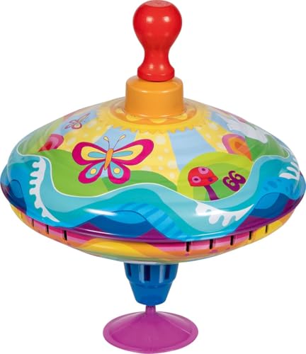 goki 53772 – Brummkreisel Sonnenwirbel – klassisches Schwungspielzeug aus Metall, Holz und Kunststoffi im farbenfrohes hippen Design, Durchmesser 18,5 cm von goki