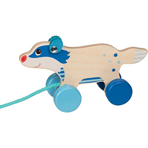 goki 54876 - Ziehtier Dachs aus Holz, Nachzieh-Spielzeug mit Tiermotiv, Lernspielzeug inkl. Schnur, Babyspielzeug fördert Koordination und Motorik, 17cm x 6cm x 9cm, ab 1 Jahr von goki