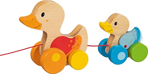 goki 54879 - Ziehtier Entenfamilie aus robustem Vollholz - liebevolles und farbenfrohes Design - fördert die motorische Bewegung von goki