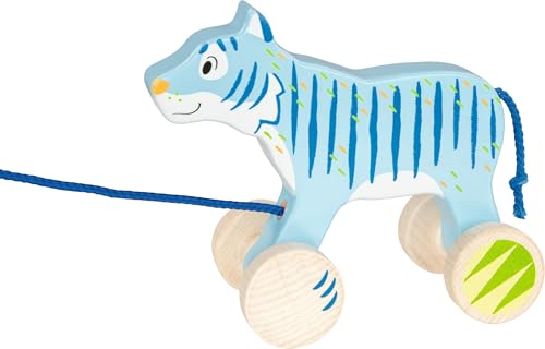 goki 54888 - Ziehtier Tiger aus Holz, Nachziehtier mit Tiermotiv, Lernspielzeug inklusive Schnur, Babyspielzeug fördert Koordination und Motorik der Kinder, 18cm x 8cm x 15cm, ab 1 Jahr von goki