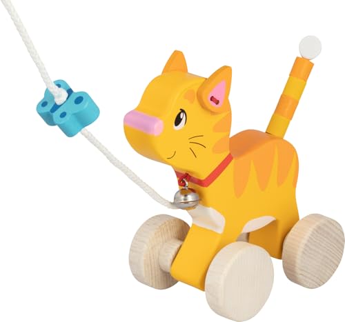 Goki Ziehtier Katze - Fördert Motorik, Hochwertiges Holzspielzeug inklusive Schnur für Kinder ab 1 Jahr, 14cm x 8cm x 15cm von goki