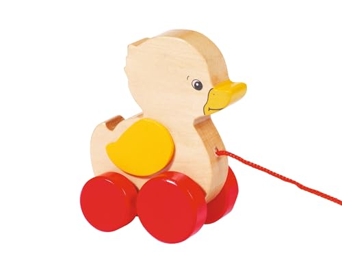 goki 54993 Ziehtier Ente Ellah aus Holz, Nachzieh-Spielzeug mit Tiermotiv, Lernspielzeug inklusive Schnur, Babyspielzeug fördert Koordination und Motorik, 8cm x 5cm x 10cm, ab 1 Jahr von goki