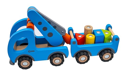 goki 55875 - Kranwagen mit Magnetanhänger, Vielseitiges Holzspielzeug, Nachhaltige Qualität, blau, Förderndes Baufahrzeug ab 3 Jahre, Blauer Krahnwagen und Anhänger goki 55875 - Kranwagen mit Magnetanhänger, Vielseitiges Holzspielzeug, Nachhaltige Qualität, blau, Förderndes Baufahrzeug ab 3 Jahre, Blauer Krahnwagen und Anhänger von goki