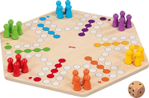 goki 56298 – Ludo für bis zu 6 Spieler aus Holz – Gesellschaftsspiel im XL-Format, Durchmesser ca. 34 cm, beidseitig bespielbar von goki
