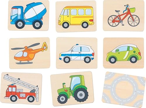 goki 56301 – Memo Fahrzeuge – 32-teiliges Lernspiel aus Holz mit Fahrzeugmotiven von goki