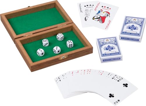 goki 56308 - Spielkartenbox mit 106 Karten und 5 Würfeln – Spielset für Kinder, Robuste Spielkarten und Würfel in Holzkiste, 112-er Set, ab 7 Jahre von goki