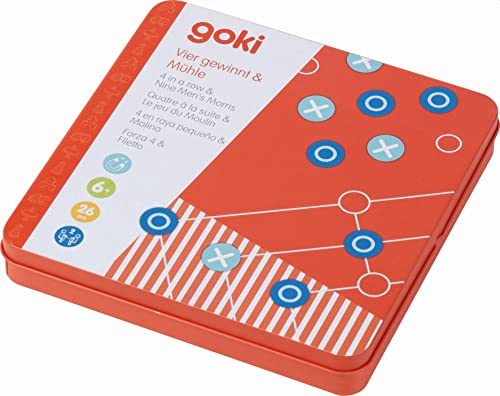 goki 56655 - Vier gewinnt & Mühle - die Klassiker für unterwegs - in praktischer Metalldose - magnetisch - Strategiespiel von goki