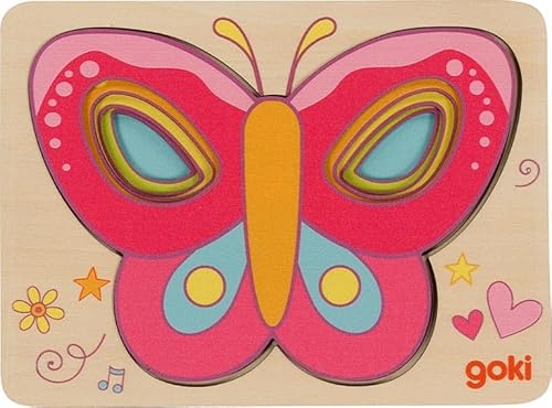goki 57305 – Schichtenpuzzle Schmetterling – 5-lagiges Puzzle für Kleinkinder aus Holz von goki