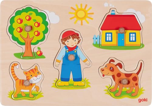 goki 57306 – Steckpuzzle Katze und Hund – Tierpuzzle mit Holzgriffen für Kleinkinder von goki