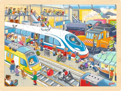 goki 57316 – Einlegepuzzle Bahnhof aus Holz – 96-teiliges Kinderpuzzle mit Alltagsszene, ca. 40 cm breit, ab 4 Jahren von goki