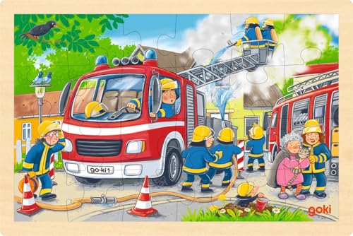 goki 57318 – Einlegepuzzle Feuerwehreinsatz aus Holz – 24-teiliges Kinderpuzzle mit Einsatzfahrzeug, ca. 30 cm breit, ab 3 Jahren von goki