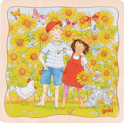 goki 57324 - Schichtenpuzzle Sonnenblumenfeld, 3 Schichten mit Motiven der Pflanzphasen auf einem Feld, fördert Motorik und Problemlösungsfähigkeit der Kinder, 20cm x 20cm, 35er Set, ab 3 Jahre von goki