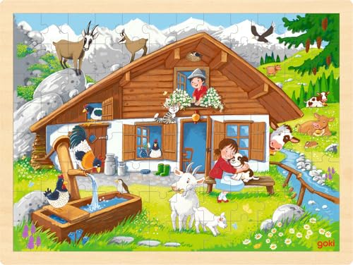 goki 57381 - Einlegepuzzle Auf der ALM aus Holz, Holzpuzzle mit Berglandschaft, Lernspielzeug und Kinderpuzzle, fördert Fantasie und Motorik der Kinder, 40cm x 30cm, 96er Set, ab 3 Jahre goki 57381 - Einlegepuzzle Auf der ALM aus Holz, Holzpuzzle mit Berglandschaft, Lernspielzeug und Kinderpuzzle, fördert Fantasie und Motorik der Kinder, 40cm x 30cm, 96er Set, ab 3 Jahre von goki