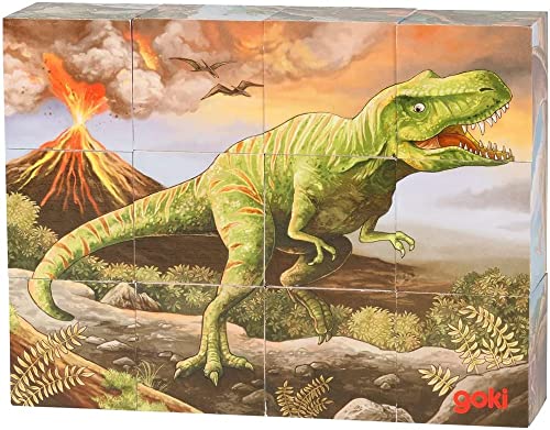 goki 57388 Würfelpuzzle Dinosaurier 14 x 10,5 x 3,5 cm, Holz, 6 Motive, 12 Würfel, bunt von goki