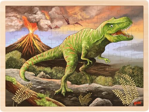 goki 57389 - Einlegepuzzle T-Rex aus Holz, Holzpuzzle mit Dino und Vulkan, Lernspielzeug und Kinderpuzzle, fördert Fantasie und Motorik der Kinder, 40cm x 30cm, 96er Set, ab 3 Jahre von goki