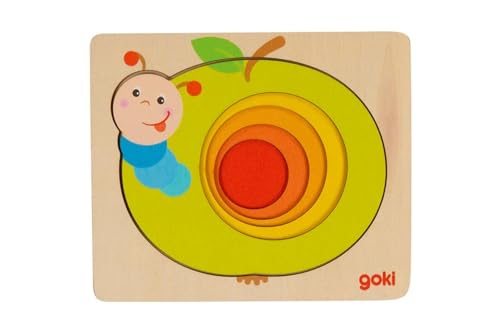 goki 57403 Puzzle aus Holz, 5 Schichten, Motiv Wurm im Apfel, Mehrfarbig, 12,3 x 10,5 x 1,8 cm von goki