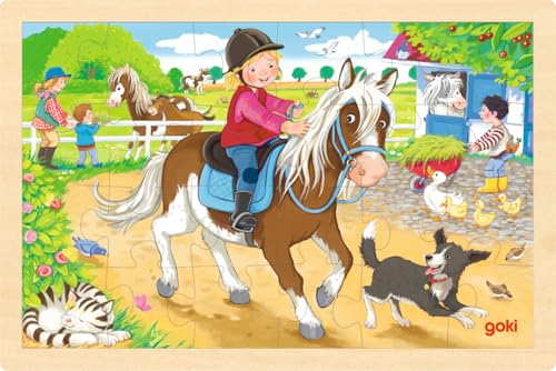 goki 57412 - Einlegepuzzle Ponyhof aus Holz, Holzpuzzle mit Pferdemotiven, Lernspielzeug und Kinderpuzzle, fördert Fantasie und Motorik der Kinder, 30cm x 20cm, 24er Set, ab 3 Jahre goki 57412 - Einlegepuzzle Ponyhof aus Holz, Holzpuzzle mit Pferdemotiven, Lernspielzeug und Kinderpuzzle, fördert Fantasie und Motorik der Kinder, 30cm x 20cm, 24er Set, ab 3 Jahre von goki