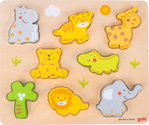 goki 57809 - Einlegepuzzle Wilde Tiere aus Holz - 8 Teile von goki