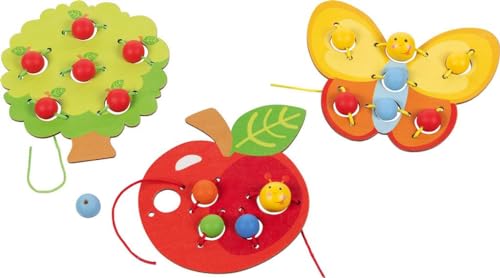 goki 58385 - Fädelset Obstgarten, 3 Motive (Apfel, Baum, Schmetterling) - Fördert die Feinmotorik, Koordination und Konzentration - inklusive Holzperlen und Anleitung von goki
