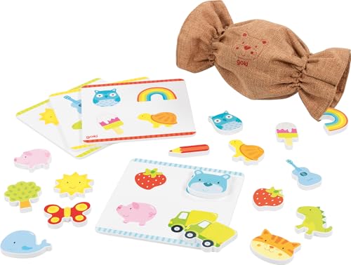 goki 59972 - Fühllotto aus Holz und Textil, 16 unterschiedliche Motive, Pädagogisches Fühlspiel und Lernspielzeug, Fördert Feinmotorik und Formverständnis bei Kindern, 21-er Set, ab 3 Jahr von goki