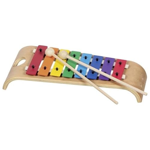 goki 61839 Xylophon aus Holz und Metall – 8-töniges Kinderinstrument mit gebogener Holzbasis inkl. 2 Schlägel, Musikinstrument für Kinder ab 3 Jahren von goki