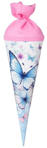 goldbuch 93 155 Geschenktüte 35 cm SCHMETTERLINGSGARTEN, Geschwistertüte Blau-Weiß, Schultüte mit Motiv Schmetterling, Geschenkverpackung 35 x 11,5 cm, Zuckertüte aus Lackkarton mit Filzverschluss von goldbuch