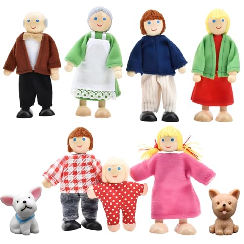 gotyou Puppenhaus Puppenfamilie Set, Puppenhaus Puppen, 7 Figuren und 2 Haustiere, Holz 9 Personen Figuren Puppen Spielset, Puppenhaus Zubehör, Biegepuppen für Puppenhaus Zubehör Geschenk von gotyou