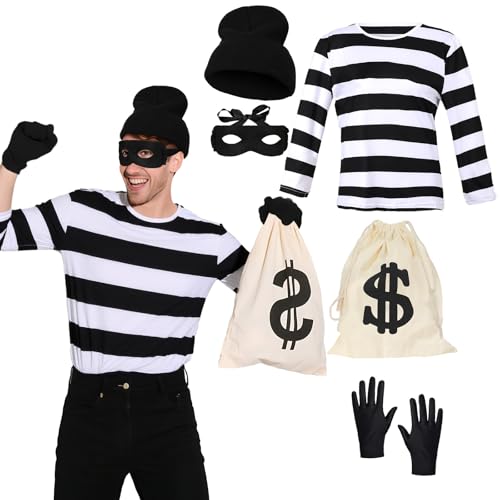 greitenty Erwachsenenkostüm Räuber Halloween Unisex Dieb-Zubehör-Set mit schwarz-weiß gestreiftem T-Shirt, Tasche, Augenmaske, Kappe, schwarz und weiß, L greitenty Erwachsenenkostüm Räuber Halloween Unisex Dieb-Zubehör-Set mit schwarz-weiß gestreiftem T-Shirt, Tasche, Augenmaske, Kappe, schwarz und weiß, L von greitenty