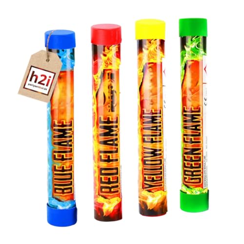 h2i, 4 Stück Color Mix, Handfackel-Set, Bengalo Pyro Rauch Vulkan Lanzenlicht Fontäne Party Feuerwerk Rauchfarbe in Blau, Grün, Rot, Gelb von h2i