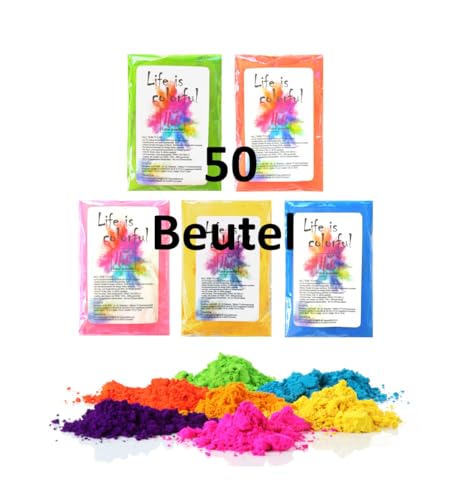 h2i Holi Pulver Neon UV | 50 Beutel x 70 g | 3.500 g | 5 Farben | 50 UV Farbbeutel mit leuchtenden Neon Farben | für Festivals Fotoshooting Baby-Shower Party-Foto Fun & Action von h2i