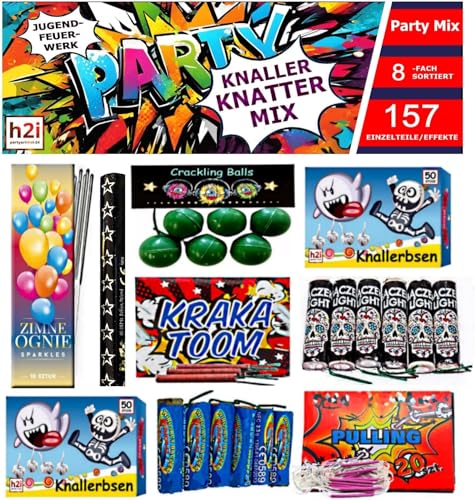 h2i Knaller Knatter Premium Mix | 157 Teile | 8fach Sortiert & handverlesen| Partyspaß für Klein & Groß I für Silvester Halloween & Partys | Kinder & Jugendfeuerwerk | d | Ganzjahresfeuerwerk Kat. F1 von h2i