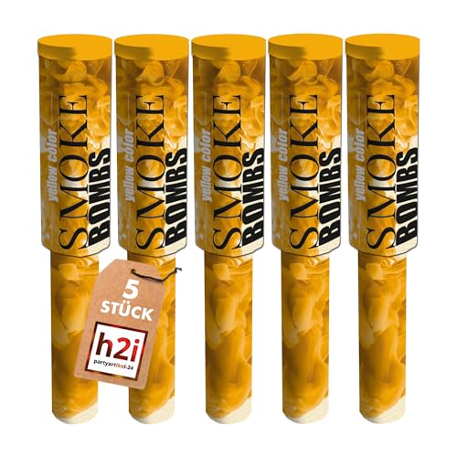 h2i Rauchfackel mit Griff & Reißzünder| 5 Stück | Gelb | 60 sek | Rauch Vulkan Fontäne | Rauchtopf Rauchgenerator Rauchbombe | dichter kräftiger Rauch | Ganzjahresfeuerwerk Kat T1/F1 von h2i