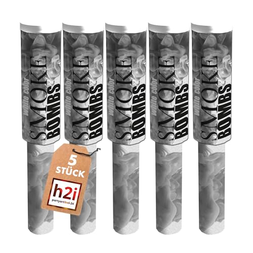 h2i Rauchfackel mit Griff & Reißzünder| 5 Stück | Weiß | +/- 60 sek | Rauch Vulkan Fontäne | Rauchtopf Rauchgenerator Rauchbombe | dichter kräftiger Rauch | Ganzjahresfeuerwerk Kat T1/F1 von h2i